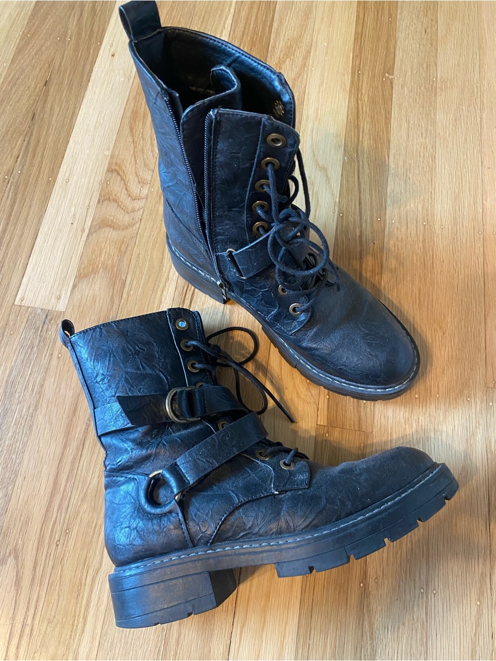 Seven7 Black Lace-Up Combat Boots with Buckle Straps